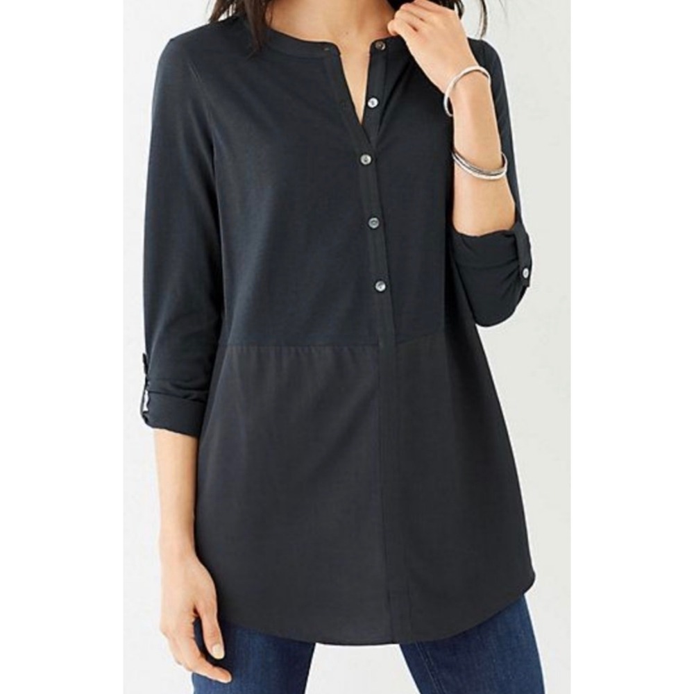 J. Jill Navy Blue Mixed Media Roll Tab Sleeve Henley Tunic Top Large